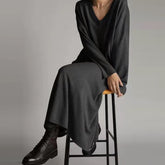 Sexy V Neck Knitted Simple Dress Vintage Women Casual Solid Color Party Dresses New Spring Autumn Loose Long Sleeve A Line Dress